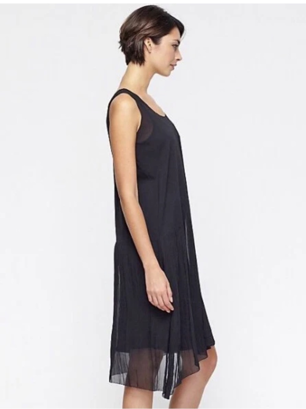EILEEN FISHER Silk Georgette Black Gathered Sheer U-Neck Sleeveless Dress w Slip - Picture 3 of 11